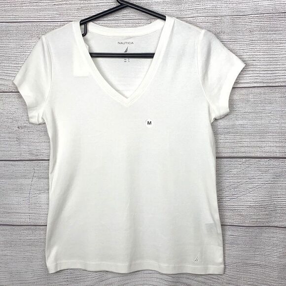 NWT Nautica White Cotton Short sleeves V-neck tee - Picture 1 of 5